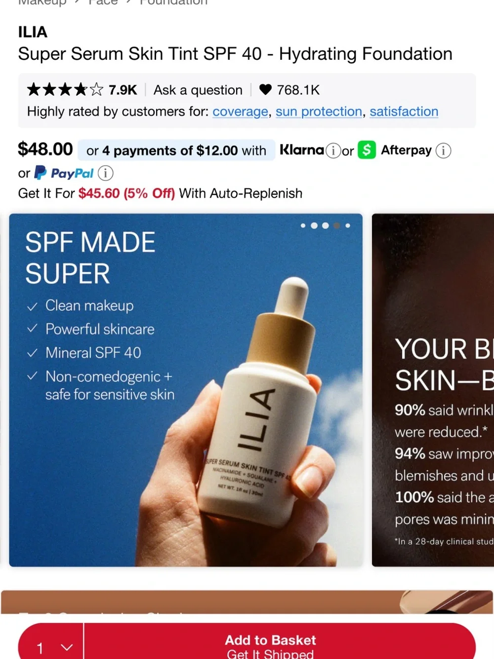 Brand new ILIA super serum skin tint SPF 40 with broad spectrum SPF 40 sunscreen